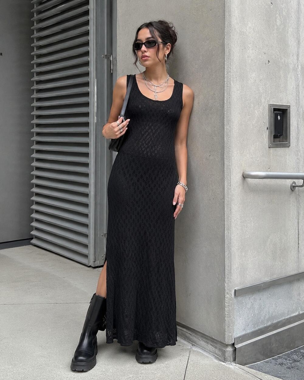 Y2K Black Textured Maxi Dress Side Slit M Rabbit Designs
